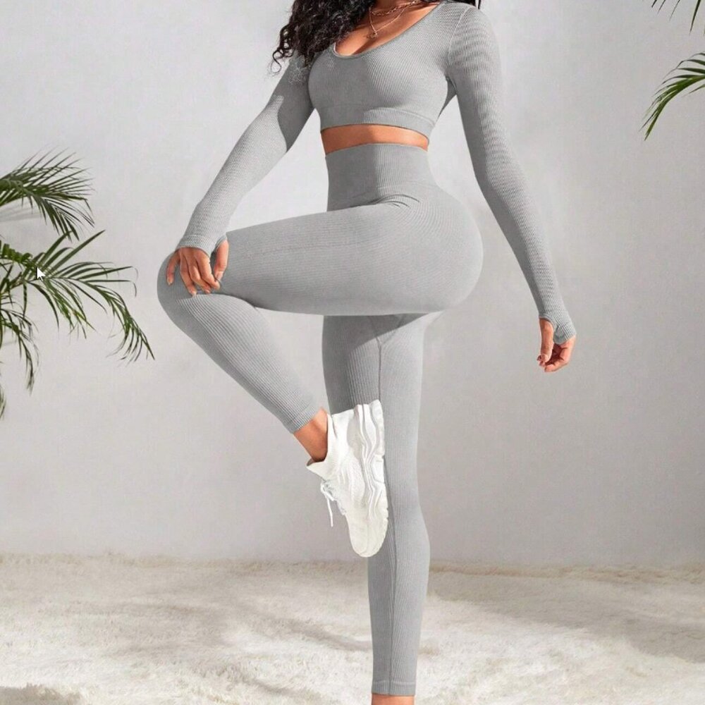 Seamless Leggings and Long Sleeve Crop Top Matching Set